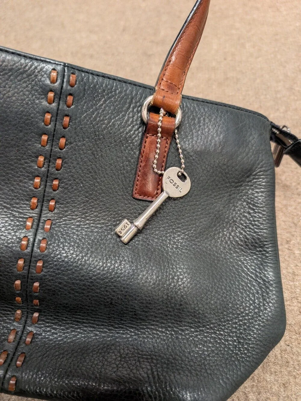 Fossil Leather Small Satchel Bag Black with Brown Handles with Key